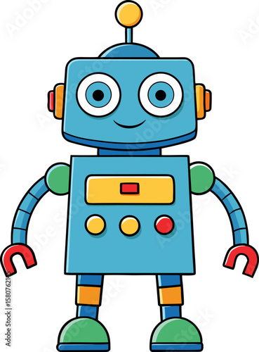 Friendly blue cartoon robot with big eyes and a happy smile