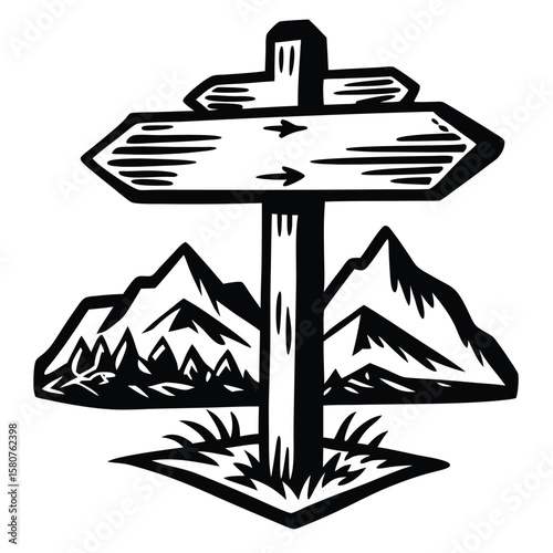 Mountain directional signpost landscape black and white