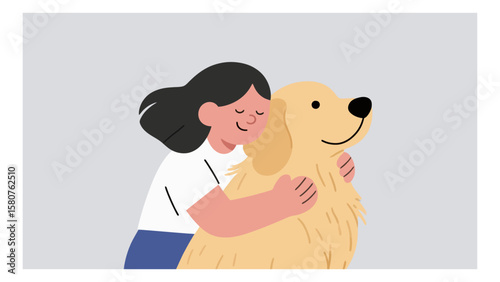 A young woman with dark hair hugs her golden retriever with love and affection in a minimalist illustration, showcasing the bond between humans and pets