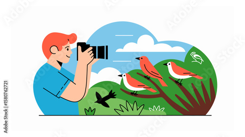 Bird photographer capturing vibrant birds in nature illustration with a telephoto lens for wildlife photography and outdoor exploration concept
