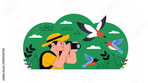 Birdwatcher capturing avian beauty with camera in lush nature illustration, showcasing wildlife photography and outdoor adventures