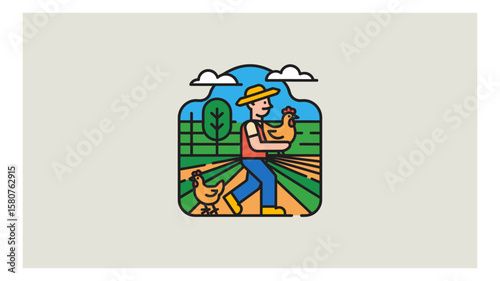 Cartoon farmer carrying a chicken through a farm landscape with crops and fluffy clouds illustration