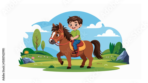 Cheerful boy riding a brown horse in a vibrant landscape illustration with blue sky and white clouds creating a happy childhood scene