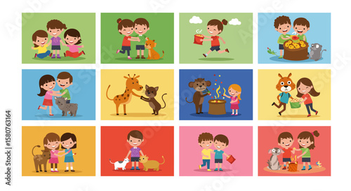 Cheerful cartoon kids interacting with animals sharing food and embracing in various scenes showcasing friendship and joy