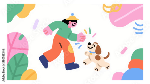 Cheerful illustration of a person playing with a dog in a whimsical setting with playful shapes and vibrant colors, showcasing companionship and joy