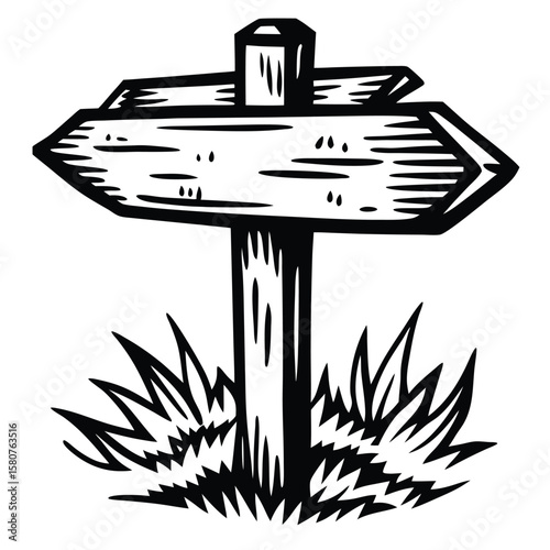 Wooden signpost with directional arrows black and white