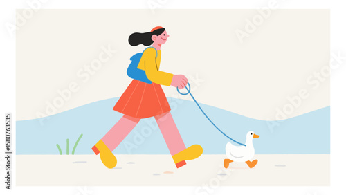Cheerful young woman enjoys a walk with her pet goose on a sunny day illustration, creating a heartwarming and whimsical scene