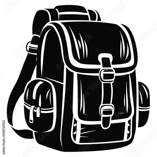 Black and white backpack with buckles and straps silhouette