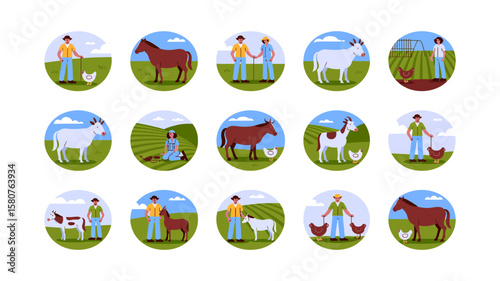 Diverse farm scenes featuring farmers and animals like cows, horses, chickens, and goats in a rural setting illustration