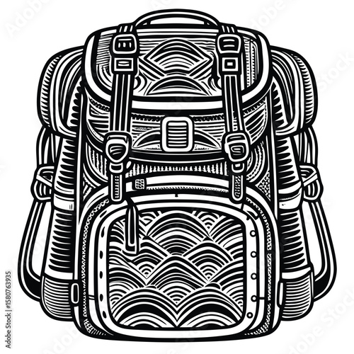 Black and white backpack with intricate patterns silhouette