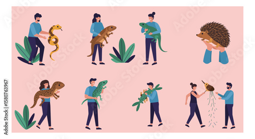 Diverse group of people holding various exotic animals including lizards, snakes, hedgehog and bird in a flat vector illustration