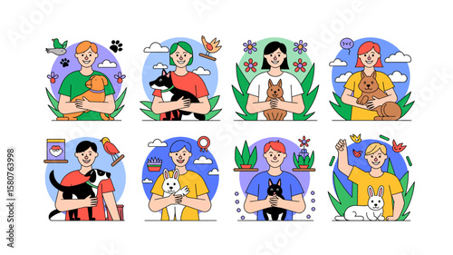 Diverse group of people embracing their adorable pets in a colorful and cheerful illustration expressing love and companionship