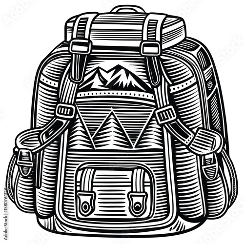 Black and white backpack with mountain design hiking