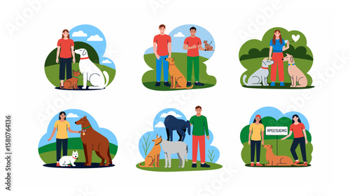 Diverse scenes of people bonding with their dogs in outdoor settings with varied interactions and breeds, portraying companionship and pet ownership