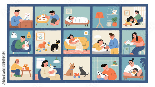 Diverse scenes of people bonding with their pets in various cozy indoor settings illustration