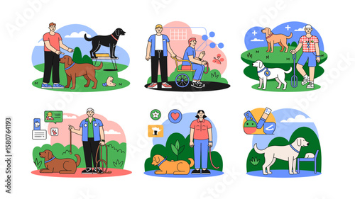 Diverse scenes of dogs helping people with disabilities and providing companionship in various everyday situations illustrated in vector style