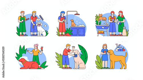 Dog grooming service scenes featuring various breeds getting bathed, brushed, and pampered by groomers in a clean, modern style