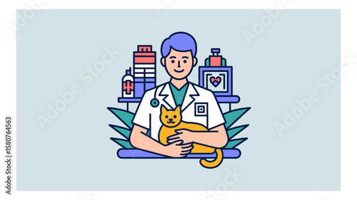 Friendly veterinarian holding a cat in a clinic surrounded by medical equipment and plants in a cute line art style