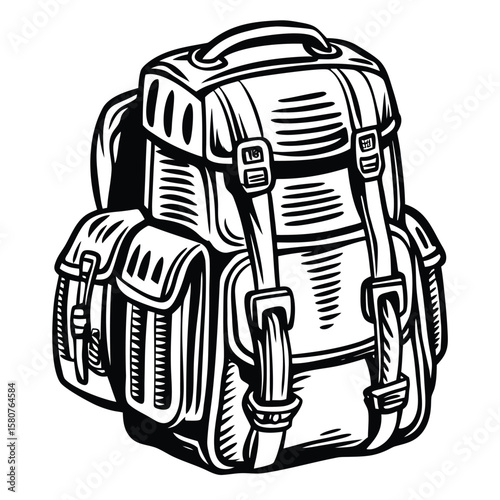 Black and white hiking backpack illustration camping