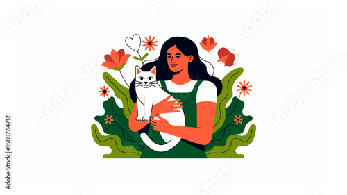Illustration of a woman embracing a white cat surrounded by colorful flowers and foliage conveying love and companionship in a serene setting