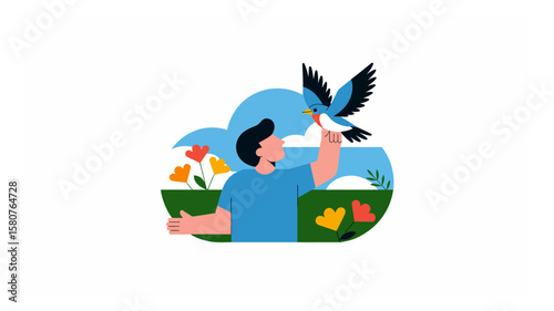 Illustration of a man releasing a bluebird into a sunny meadow with colorful flowers, embodying freedom and nature