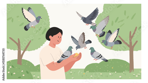 Illustration of a person feeding pigeons in a park with trees and green space under a clear sky, creating a peaceful and harmonious scene