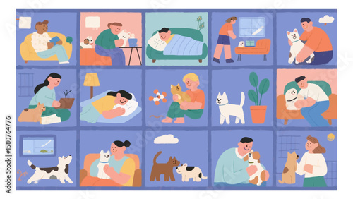 Illustration showcasing people bonding with their pets in cozy home settings, emphasizing the joy and companionship of animal ownership