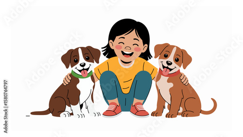 Joyful girl embraces her two adorable puppy friends in a heartwarming cartoon illustration with bright colors and cheerful expressions