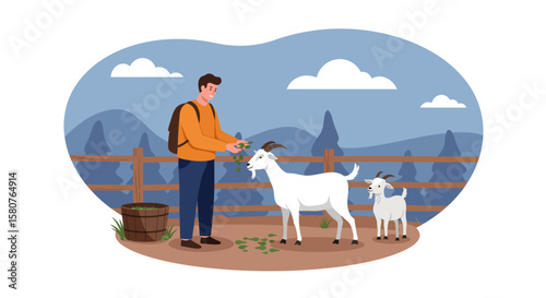 Man feeding goats fresh leaves in a scenic mountain landscape with a wooden fence and lush greenery in a vector illustration
