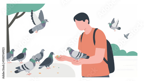 Man feeding pigeons in a park illustration with birds flying and landing around him on a sunny day
