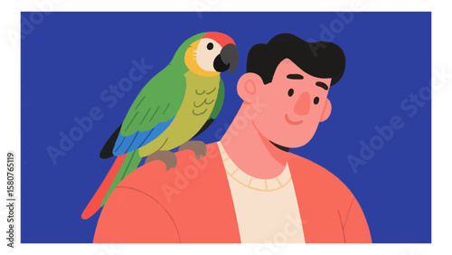 Man with a parrot on his shoulder in a cheerful vector illustration against a blue background, showcasing friendship and companionship
