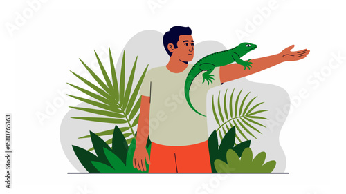Man with green lizard on arm surrounded by lush jungle vegetation in a vibrant illustration