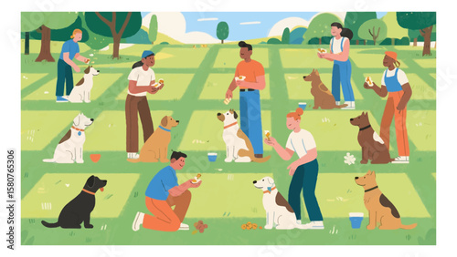 People interacting with dogs in a park setting with a bright and cheerful atmosphere featuring diverse individuals and canine companions