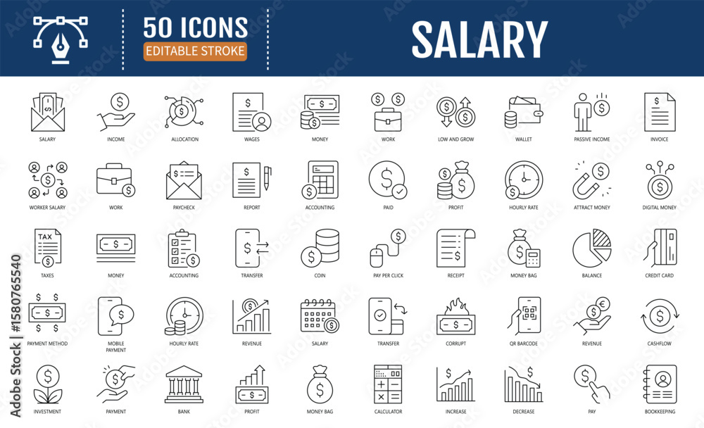 Fototapeta premium Salary Icon Set. Includes taxes, accounting,cash, and more. Vector Illustration with EditableStrokes