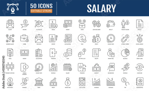 Salary Line Icon Set. Includes taxes, accounting,
cash, and more. Vector Illustration with Editable
Strokes
