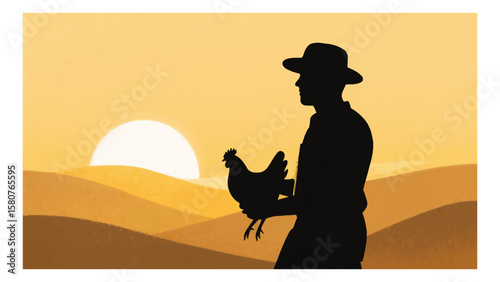 Silhouette of a farmer holding a chicken against a sunset landscape with rolling hills and a warm color palette