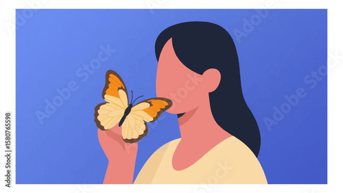 Serene faceless woman gently holding a butterfly on her hand against a calming blue background, depicting transformation and beauty