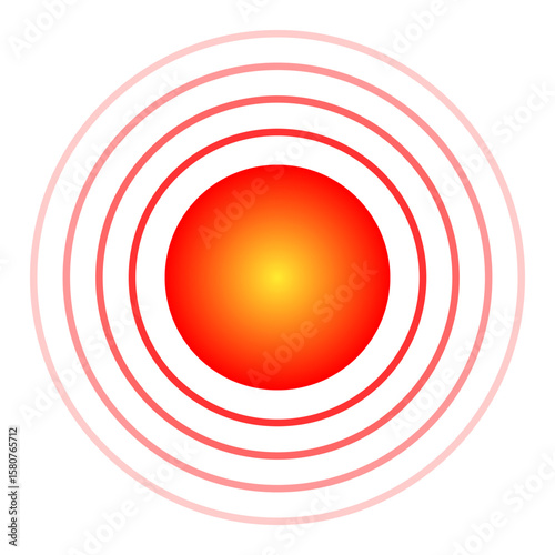 Pain symbol vector isolated. Radial circles as symbol of pain area. Red waves, signal of body. Sick joint.