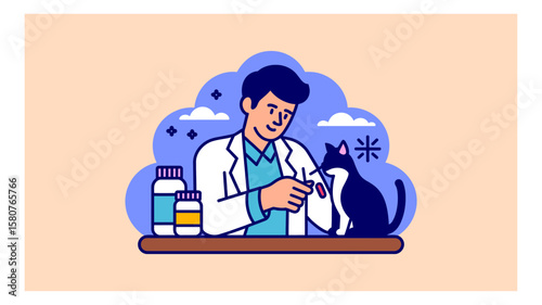 Veterinarian examining a cat with medical equipment in a clinic setting with a calm atmosphere vector illustration for healthcare concepts