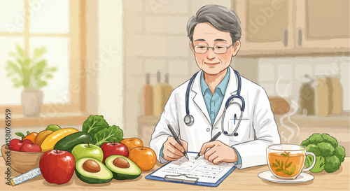 Doctor writing notes while sitting at table with fresh vegetables  