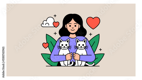 Woman embracing two adorable white cats surrounded by hearts and foliage in a vector illustration conveying love and companionship