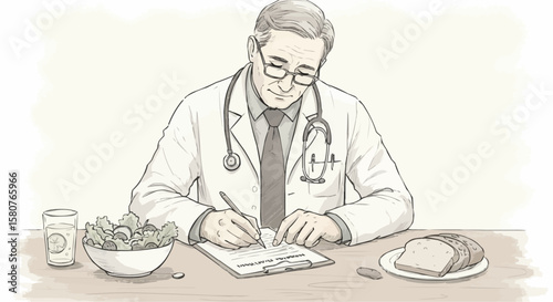 Doctor writing notes while analyzing healthy meal options at desk  