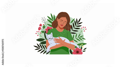 Woman embracing cat surrounded by floral elements in a vector illustration conveying affection and tranquility with a calm expression