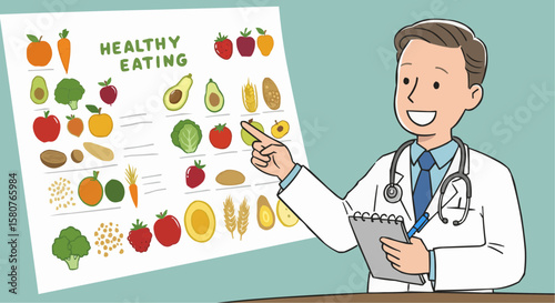 Doctor explaining healthy eating with poster on green background  