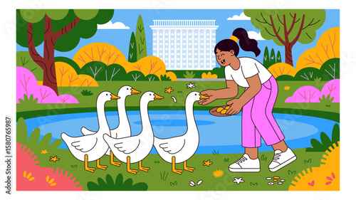 Woman feeding geese by a pond in a park with a building in the background in a colorful illustration