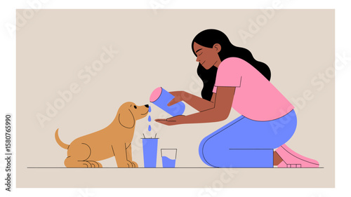 Woman giving water to a thirsty puppy from a bottle into her hand in a colorful illustration