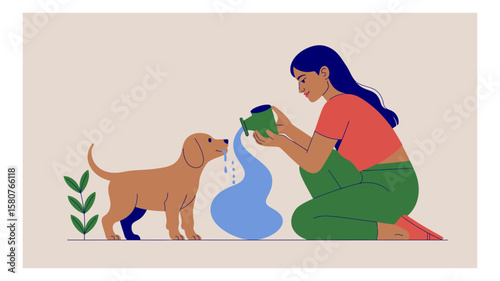 Woman kneeling and pouring water from a green jug for her thirsty dog to drink in a heartwarming illustration