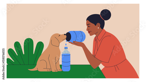 Woman pours water for her thirsty puppy dog outdoors on a sunny day in a lovely illustration of care and companionship