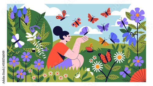 Woman surrounded by flying butterflies in a vibrant garden illustration on a sunny day, creating a whimsical and peaceful scene