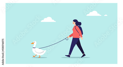 Woman walking a goose on a leash in a park on a sunny day with fluffy clouds in the sky, enjoying the outdoors and companionship